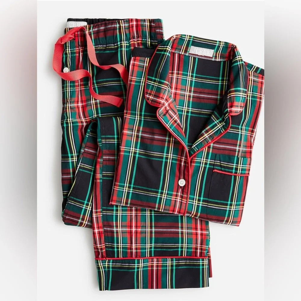 J. Crew Long-sleeve cotton poplin pajama set in black Stewart tartan